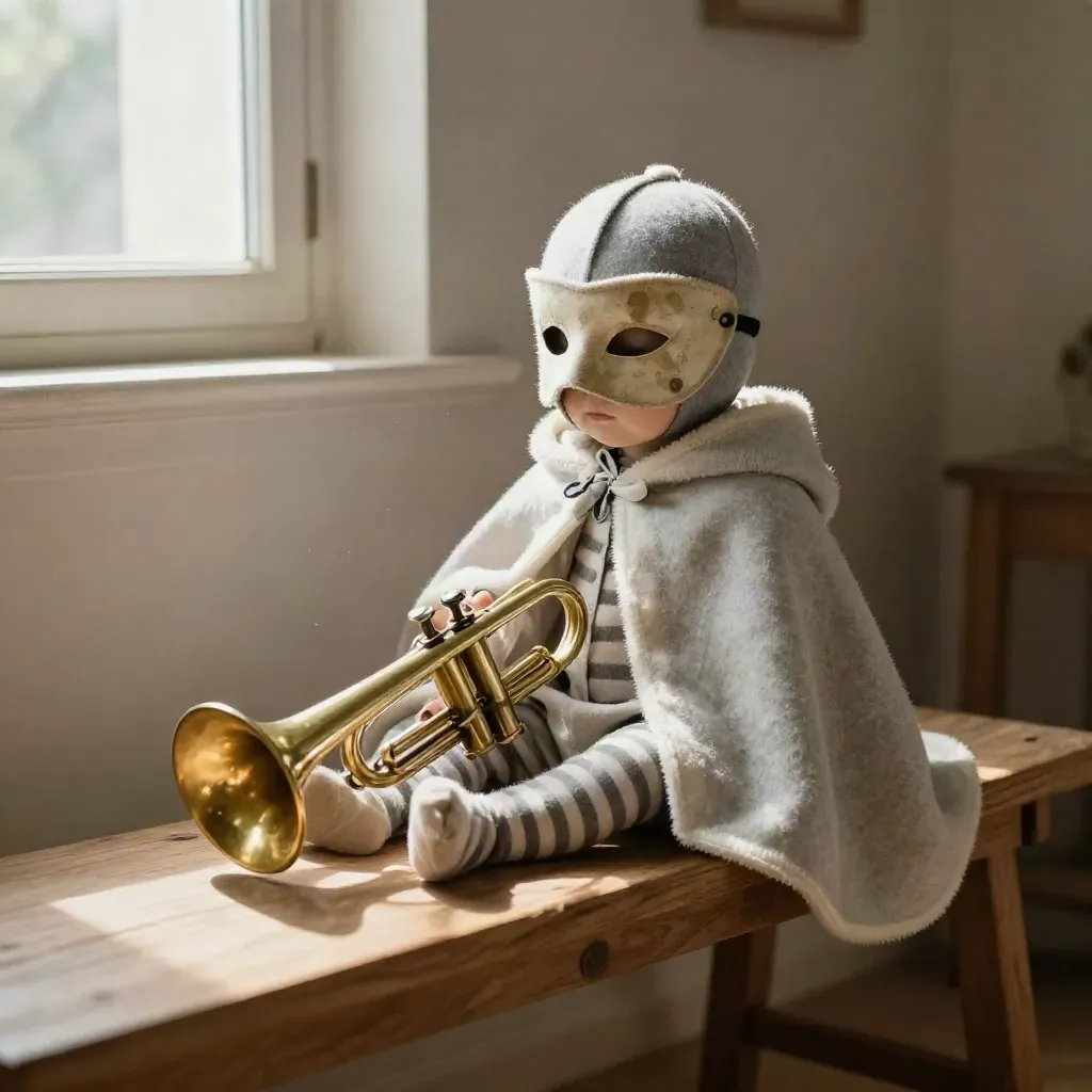 Costume bimbo da Carnevale con mantellina, maschera, calze a righe e trombetta su una panca.