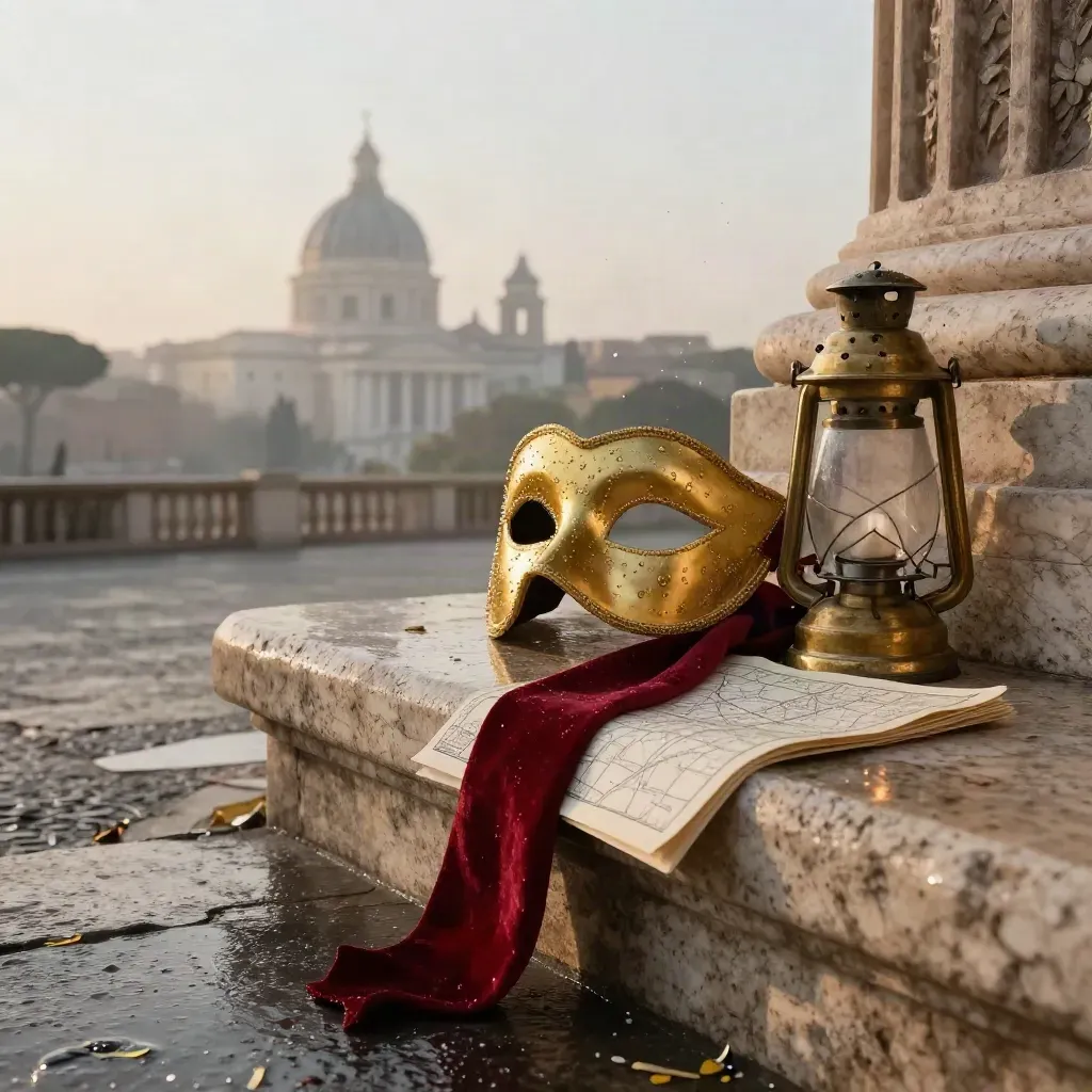 Maschera dorata, sash rosso e mappa di Roma sul travertino bagnato all’alba.