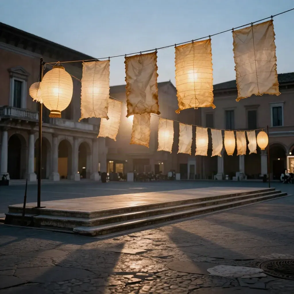 Lanterne e bandiere di percorso in una piazza romana al tramonto, con gradini di pietra e palco basso.