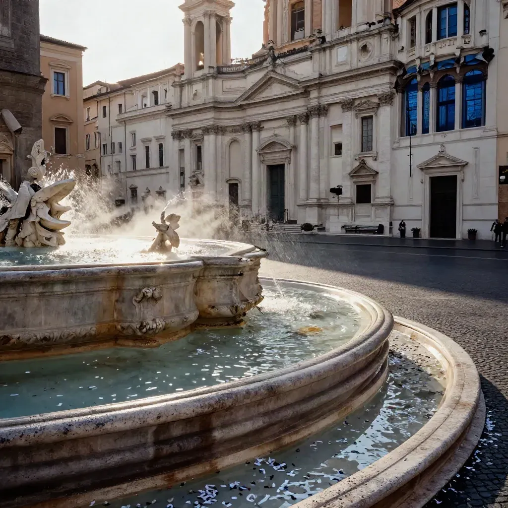Veduta bassa di Piazza Navona con vasca bagnata, coriandoli nel vento e facciate barocche.