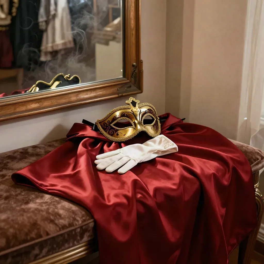 Costume di Carnevale con mantello satinato, maschera, guanti e scarpe accanto allo specchio.