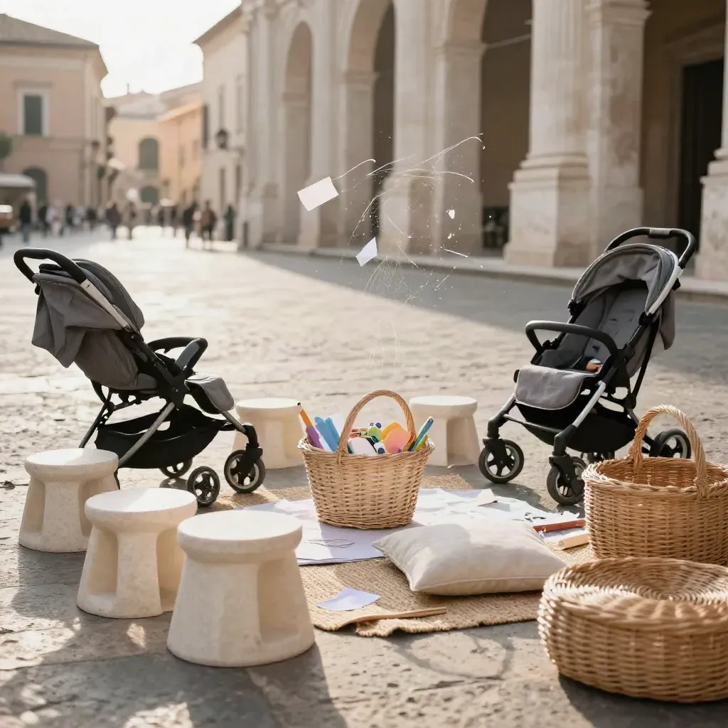 Area giochi per famiglie in piazza con sgabelli bassi, passeggini piegati e festoni di carta.