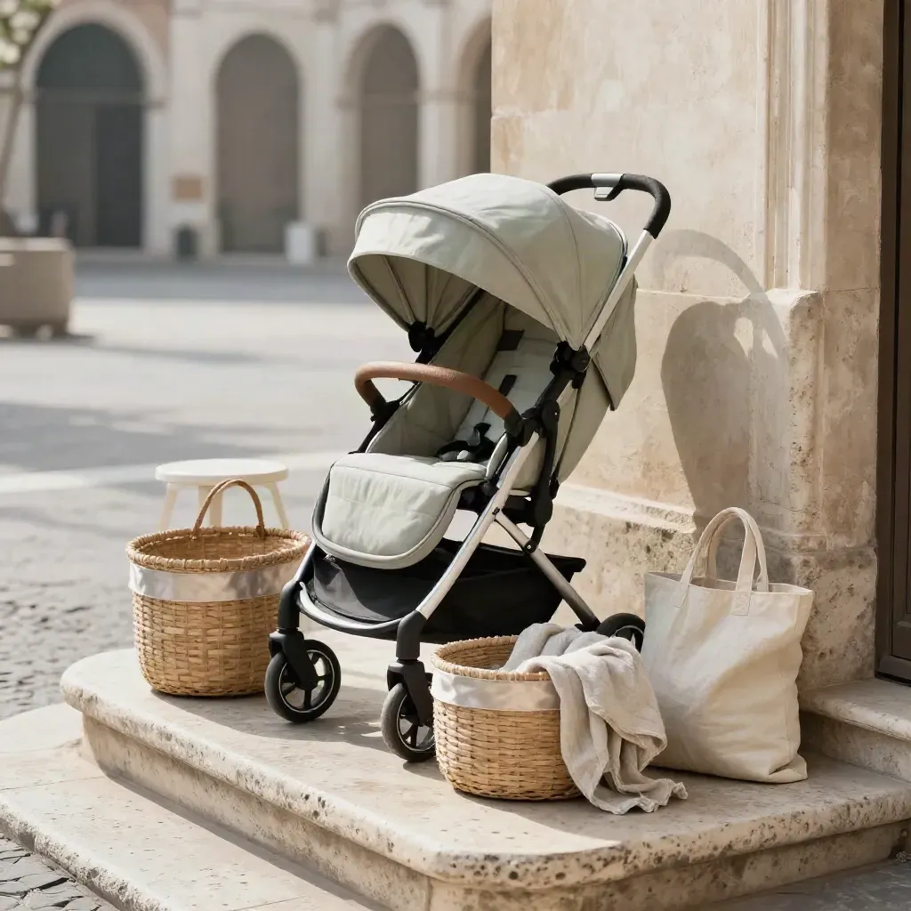 Angolo riposo familiare in piazza romana con passeggino piegato, sgabelli bassi e cestini costumi.
