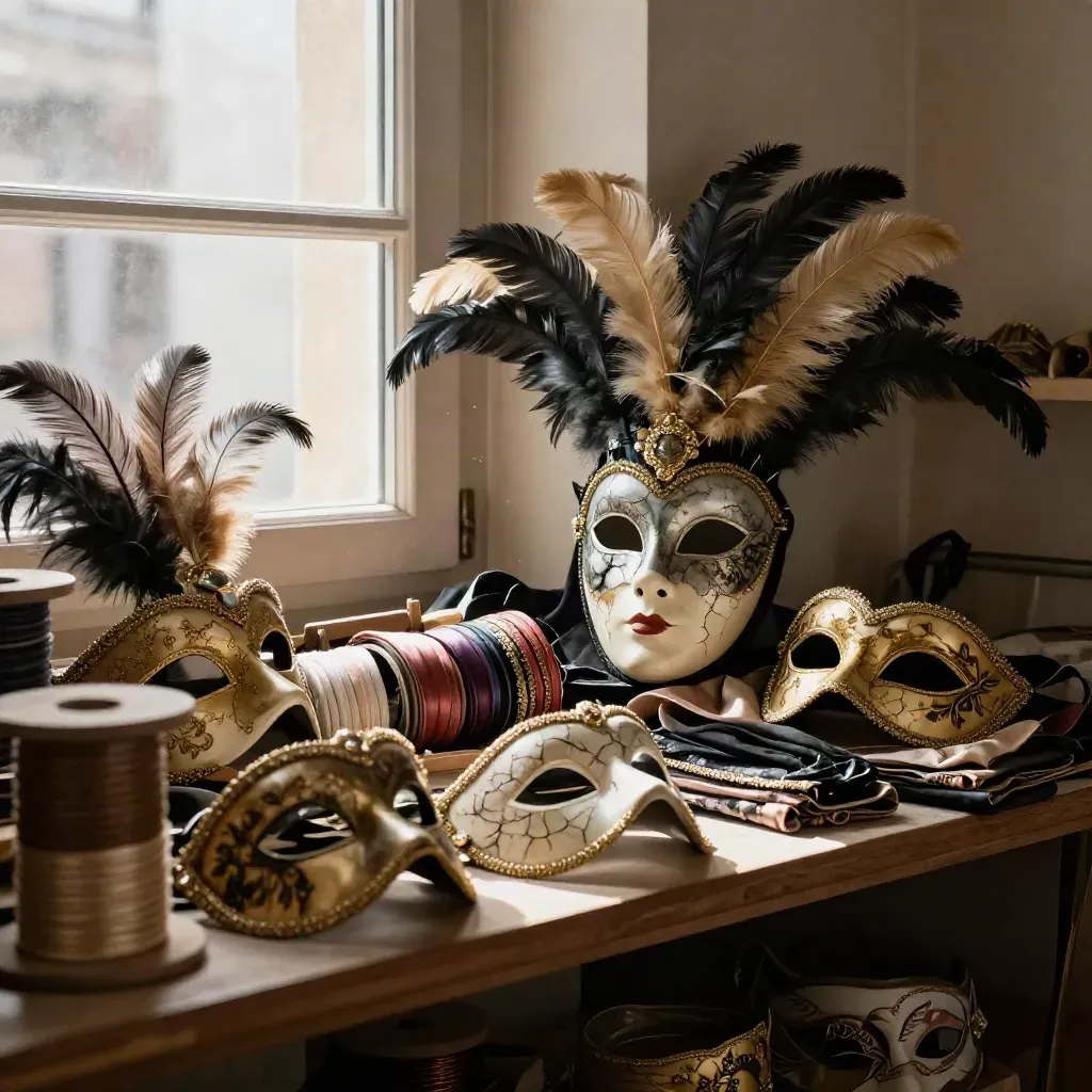 Maschere artigianali di Carnevale in vetrina, con piume e velluto alla luce del pomeriggio.