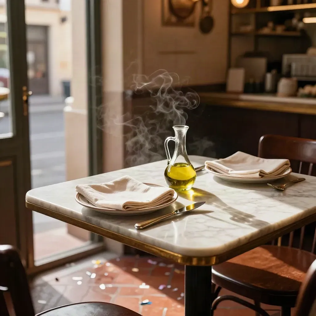 Tavolo di trattoria con piatti fumanti e coriandoli fuori dalla porta aperta.
