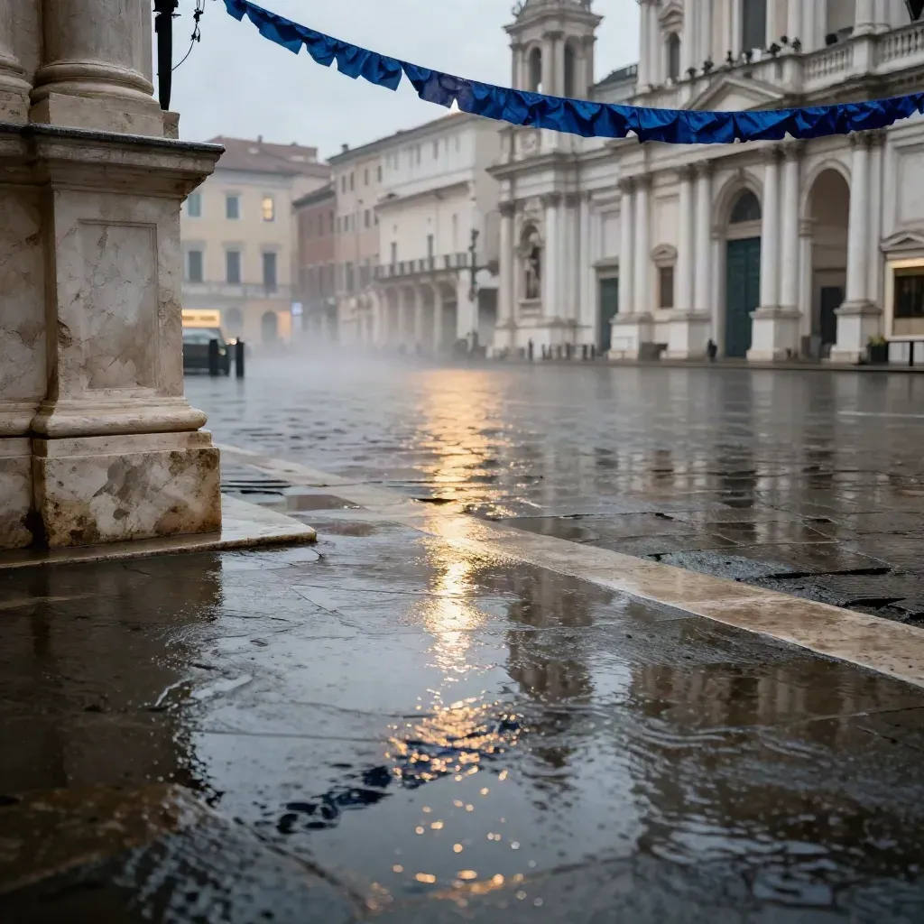 Piazza Navona dopo la pioggia, pavimento bagnato e riflessi sotto un arco