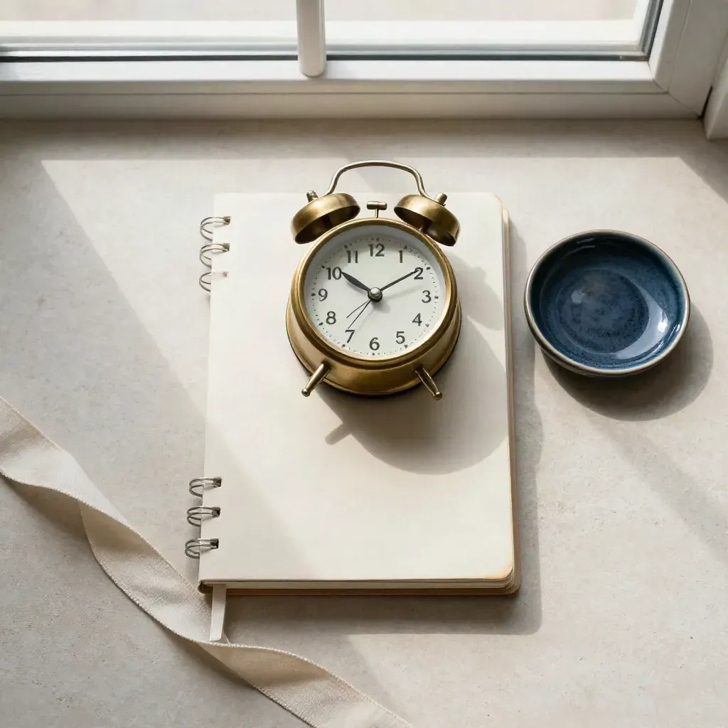 Flat lay dall'alto con sveglia in ottone, planner crema, nastro di lino e ciotolina su pietra.
