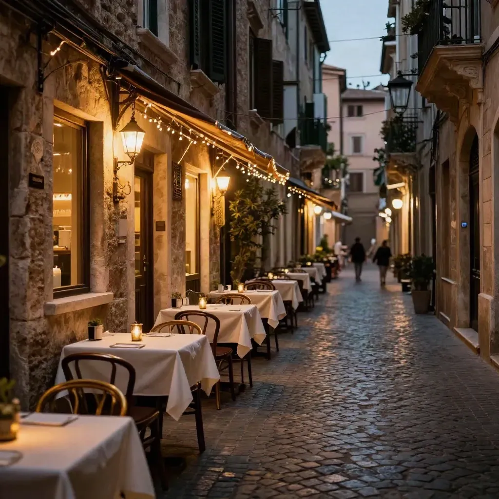 Vicoli di Trastevere con luci a festone, tavolini all'aperto e facciate in pietra.