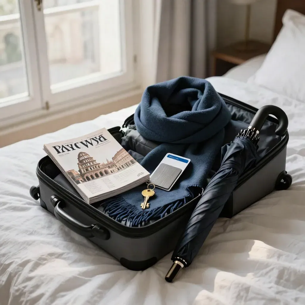 Kit da viaggio con guida, sciarpa, tessera metro, ombrello e chiave su letto d’hotel, luce mattutina.