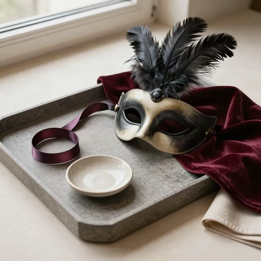 Maschera piumata, nastro satinato e ciotola in ceramica su vassoio di pietra.