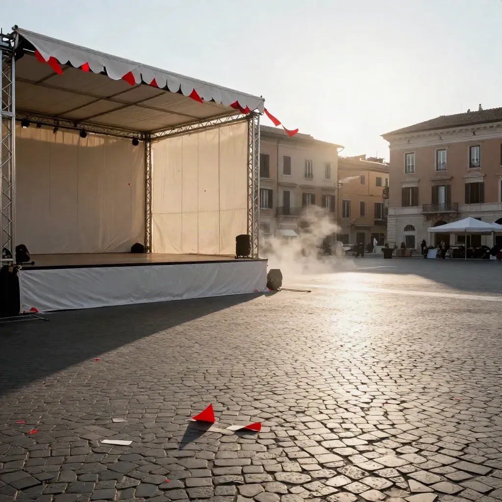 Allestimento di Carnevale a Roma con coriandoli rossi, bandierine e palco temporaneo in una piazza luminosa.