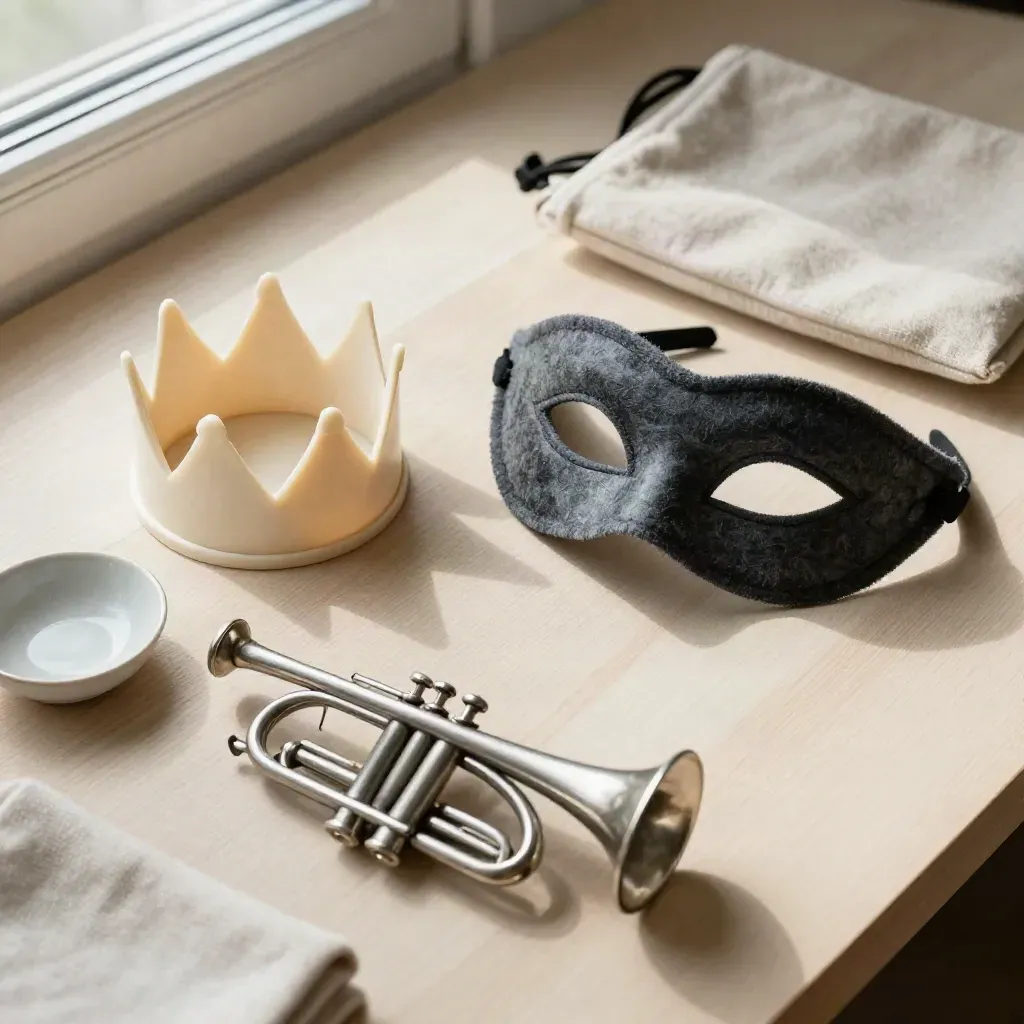 Cappellino di carta, maschera in feltro e trombettina su legno chiaro